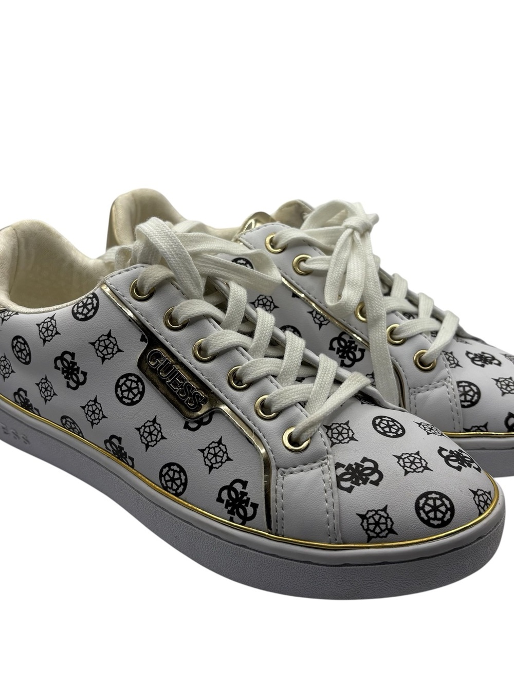 GUESS White Sneakers with Black Logo Print and Metallic Gold Trim Accent Size 6M